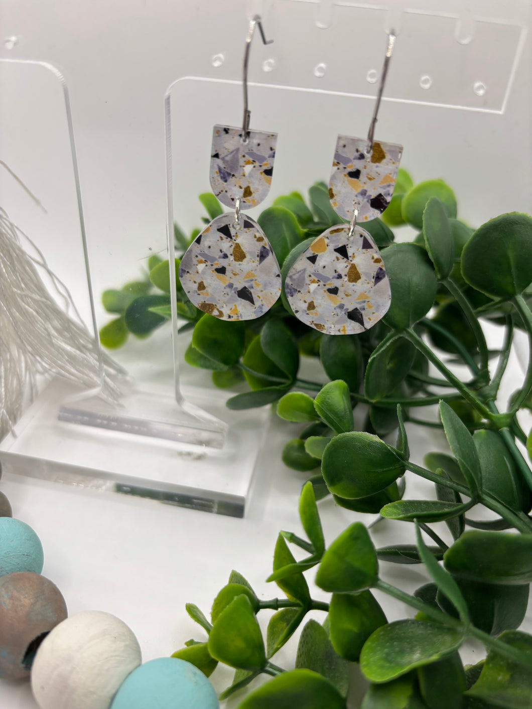 Acrylic Gray Terrazo Print Dangle Earrings