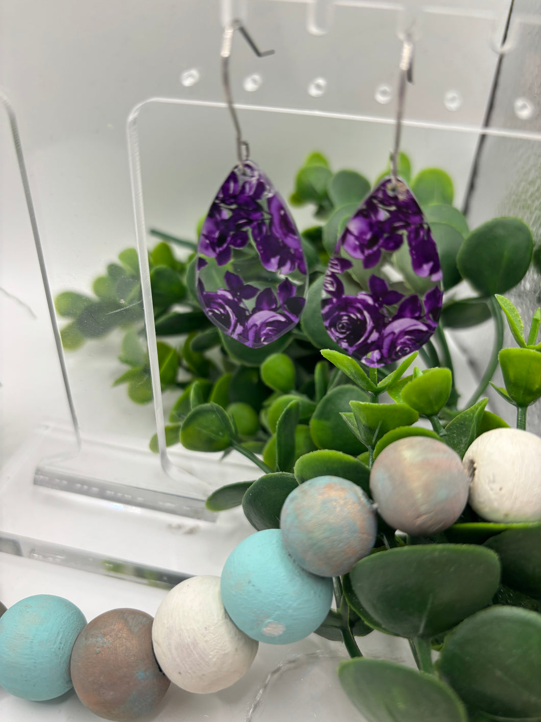 Acrylic Dangle Earrings Clear with Purple Roses