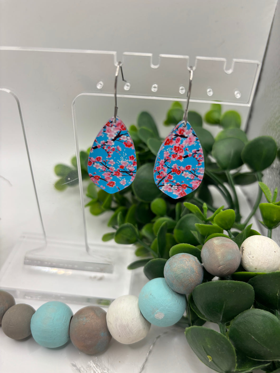 Acrylic Dangle Cherry Blossoms Blue Background