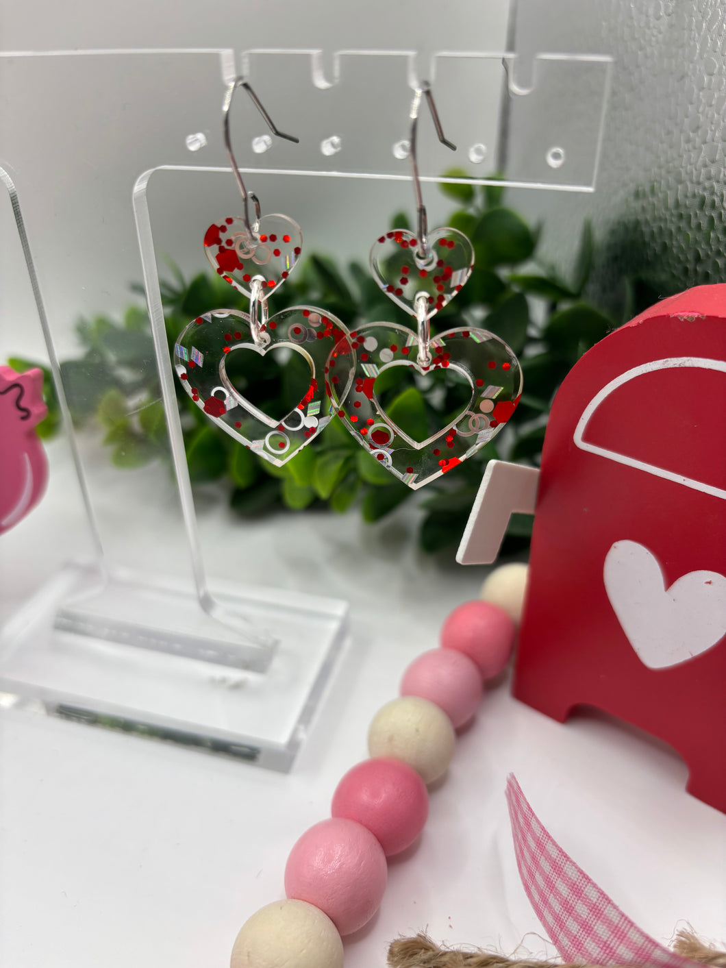 Acrylic Dangle Valentine Cutout Heart and Heart Connector Earrings