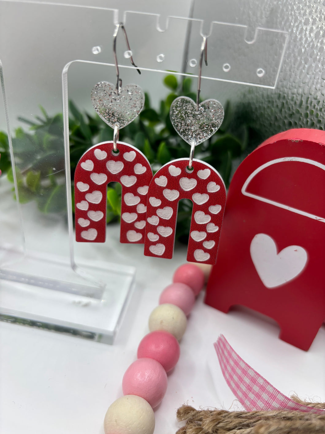 Acrylic Dangle Valentine Arch and Clear Glitter Heart Connector Earrings
