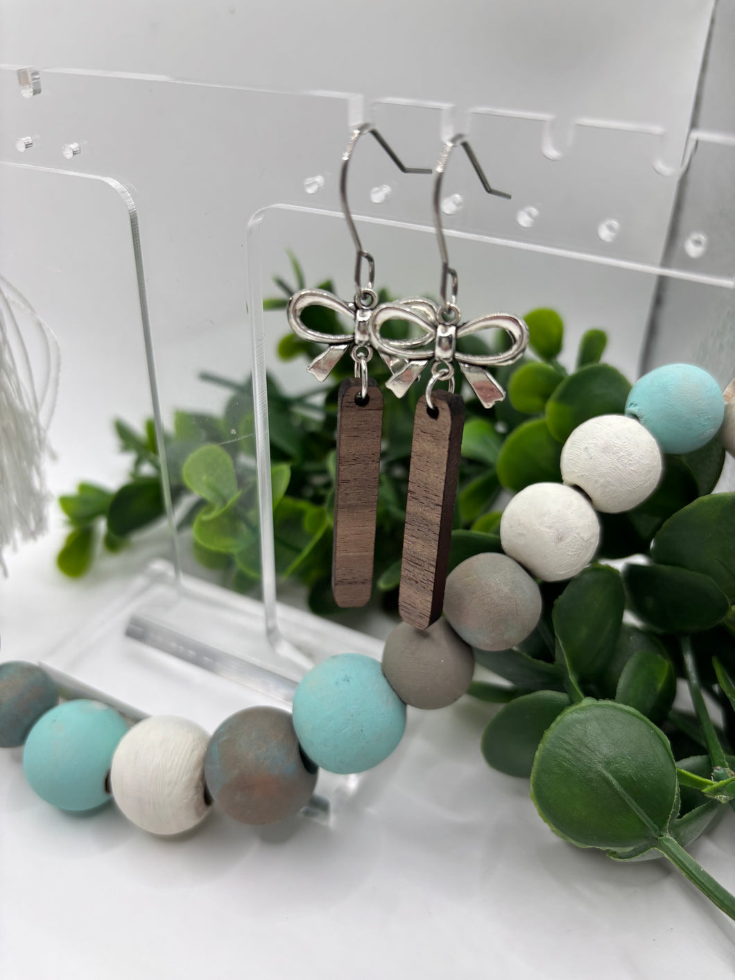 Wooden Walnut Bar Dangle with Bow Connector Dangle Earrings