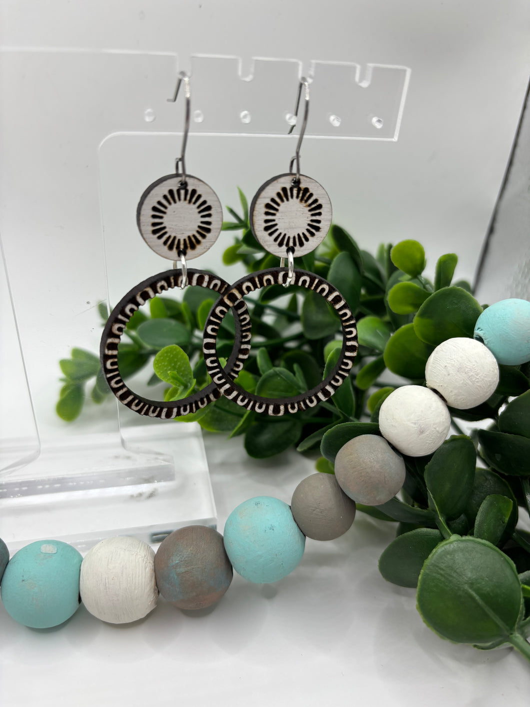 Wooden Ring and Connector with Flourish Design Dangle Earrings-2 Variations White or Walnut