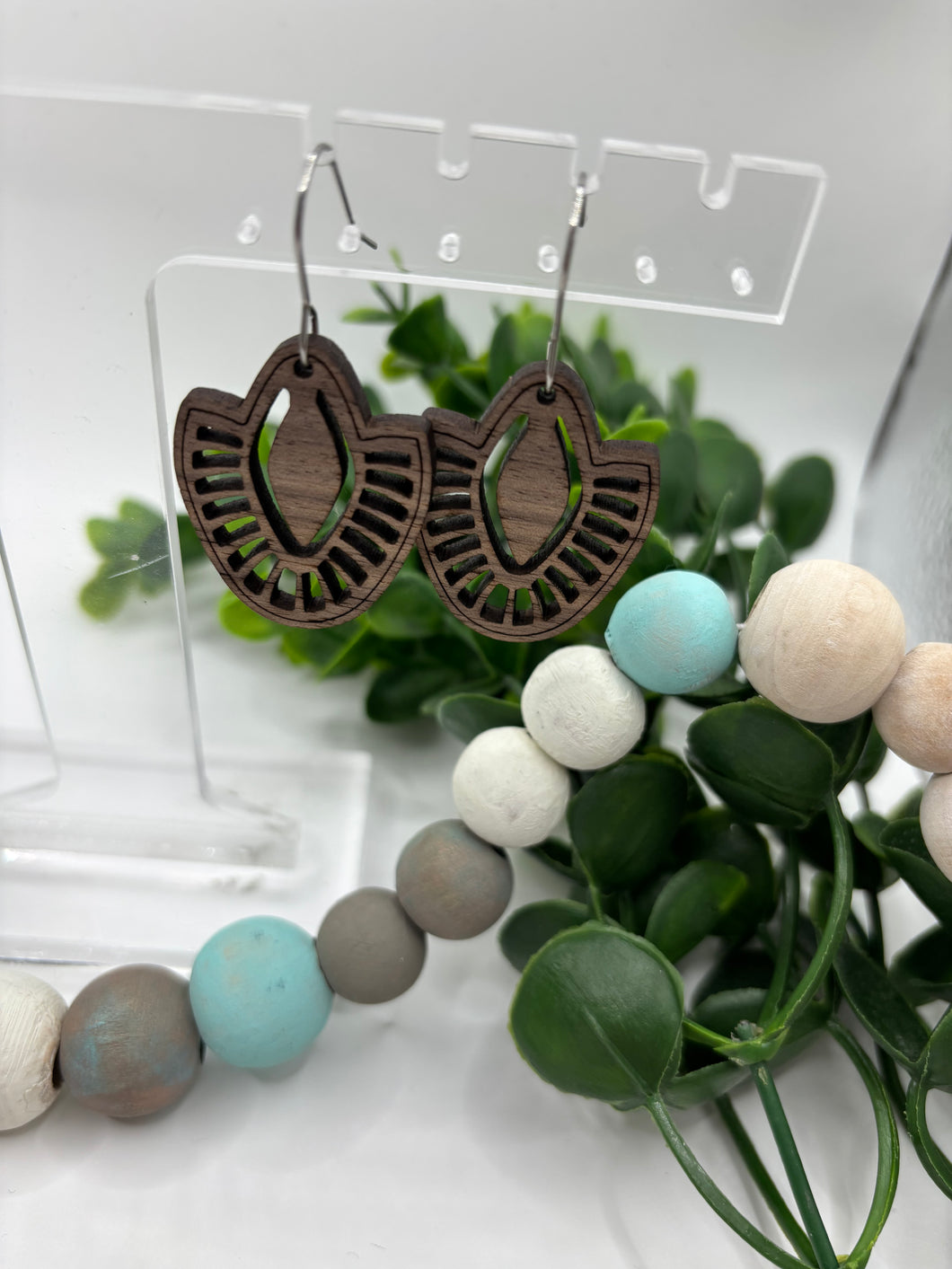Wooden Walnut Intricate Boho Cutout Design Dangle Earrings