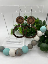 Load image into Gallery viewer, Wooden Ring and Connector with Flourish Design Dangle Earrings-2 Variations White or Walnut
