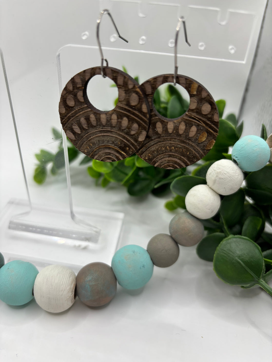 Wooden Walnut Half Lattice Circle Dangle Earrings-2 Variants of Connectors