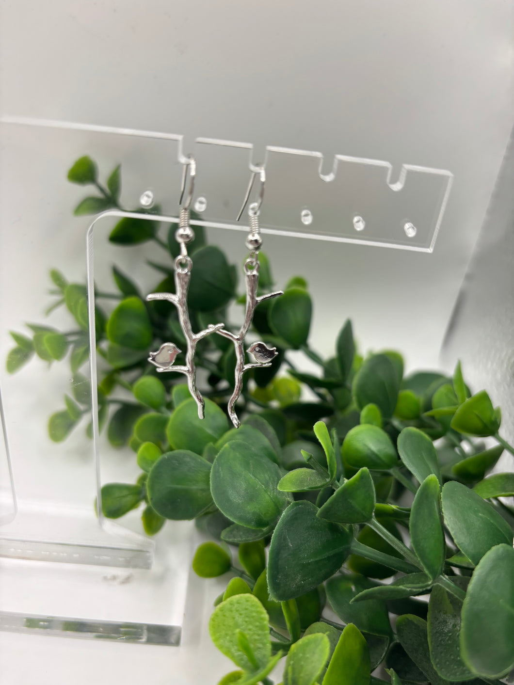 Metal Silver Bird on a Branch Dangle Earring